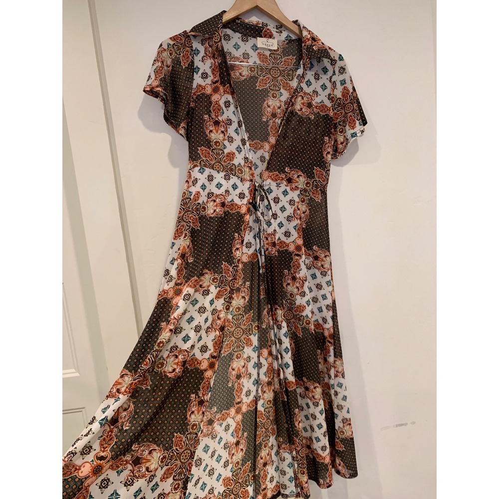 Amber Womens Patchwork Midi cardigan Dress S Brown Boho 70s Vibe Tie Front retro - Picture 3 of 7